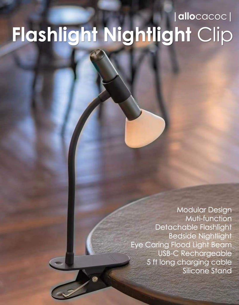 Allocacoc مصباح يدوي ألوكوك، ضوء قراءة مشبك، مصباح مكتبي مشبك، ضوء ليلي LED قابل للتعتيم، شحن USB C محمول مرن قابل للتعديل موفر للطاقة لغرفة النوم متين معدني أسود - Image 3